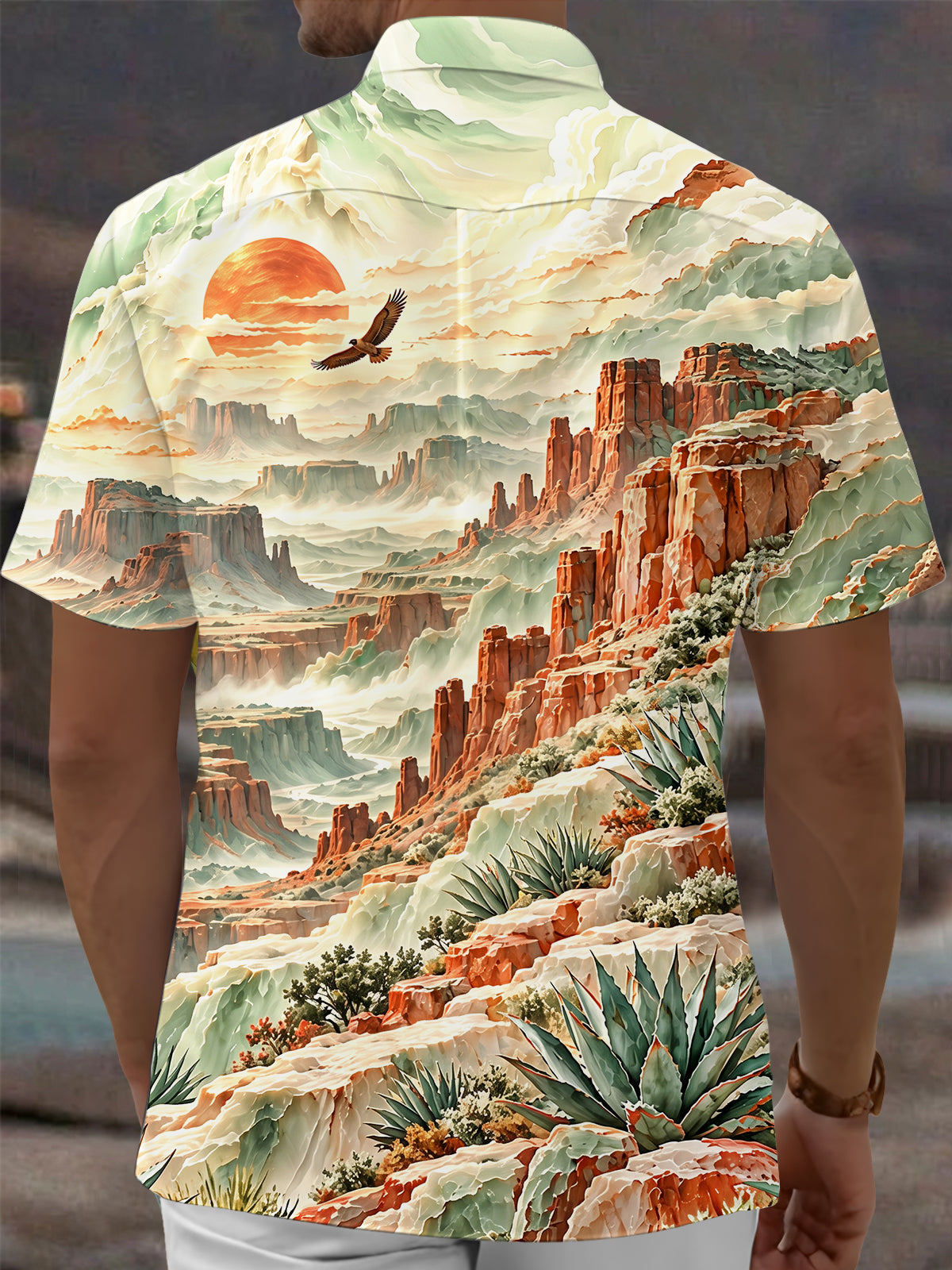 Oceanlyte Men's Short Sleeve Shirt - Desert Landscape With Red Rock Canyons And Agave Plants Print with Chest Pocket