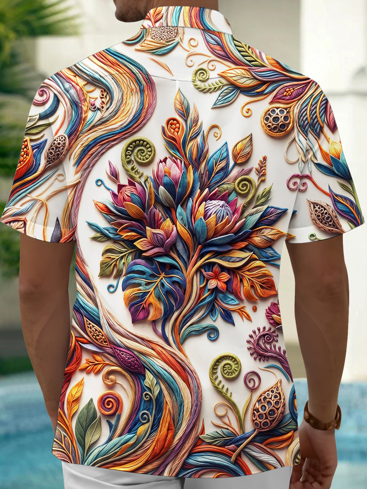 Oceanlyte Men's Short Sleeve Shirt - 3D Twisted Floral Leaves And Plant Motifs Print with Chest Pocket