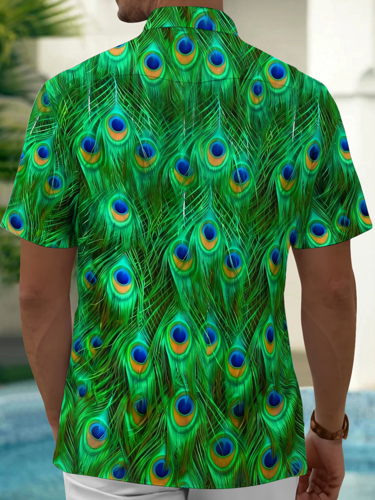 Oceanlyte Men's Tropical Peacock Feather Print Short Sleeve Shirt with Chest Pocket