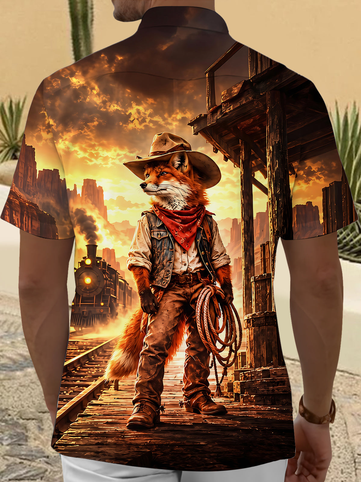 Oceanlyte Men's Printed Western Cowboy Fox Print Short Sleeve Shirt with Chest Pocket