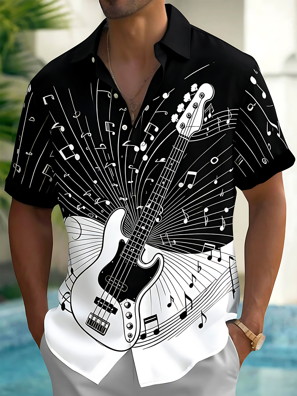 Oceanlyte Men's Graphic Bass Guitar Print Short Sleeve Shirt with Chest Pocket