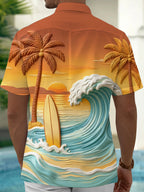 Oceanlyte Men's Palm Tree And Surfboard Sunset Wave Print Short Sleeve Shirt with Chest Pocket