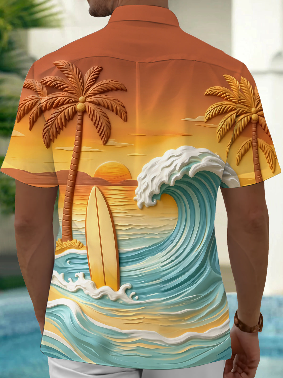 Oceanlyte Men's Palm Tree And Surfboard Sunset Wave Print Short Sleeve Shirt with Chest Pocket