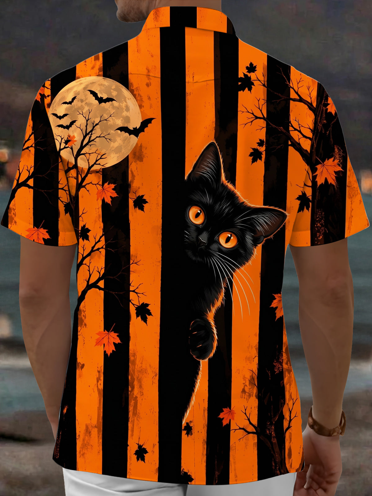 Oceanlyte Men's Black Cat And Halloween Moon With Bats Print Short Sleeve Shirt with Chest Pocket