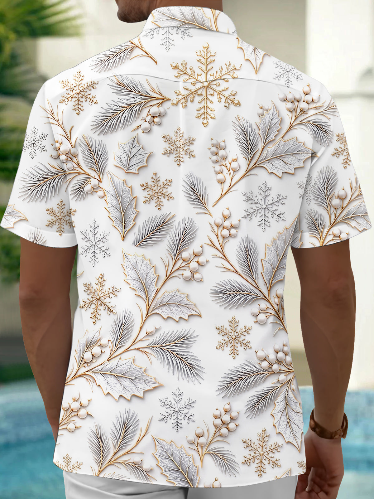 Oceanlyte Men's Winter Snowflakes And Winter Leaves Print Short Sleeve Shirt with Chest Pocket