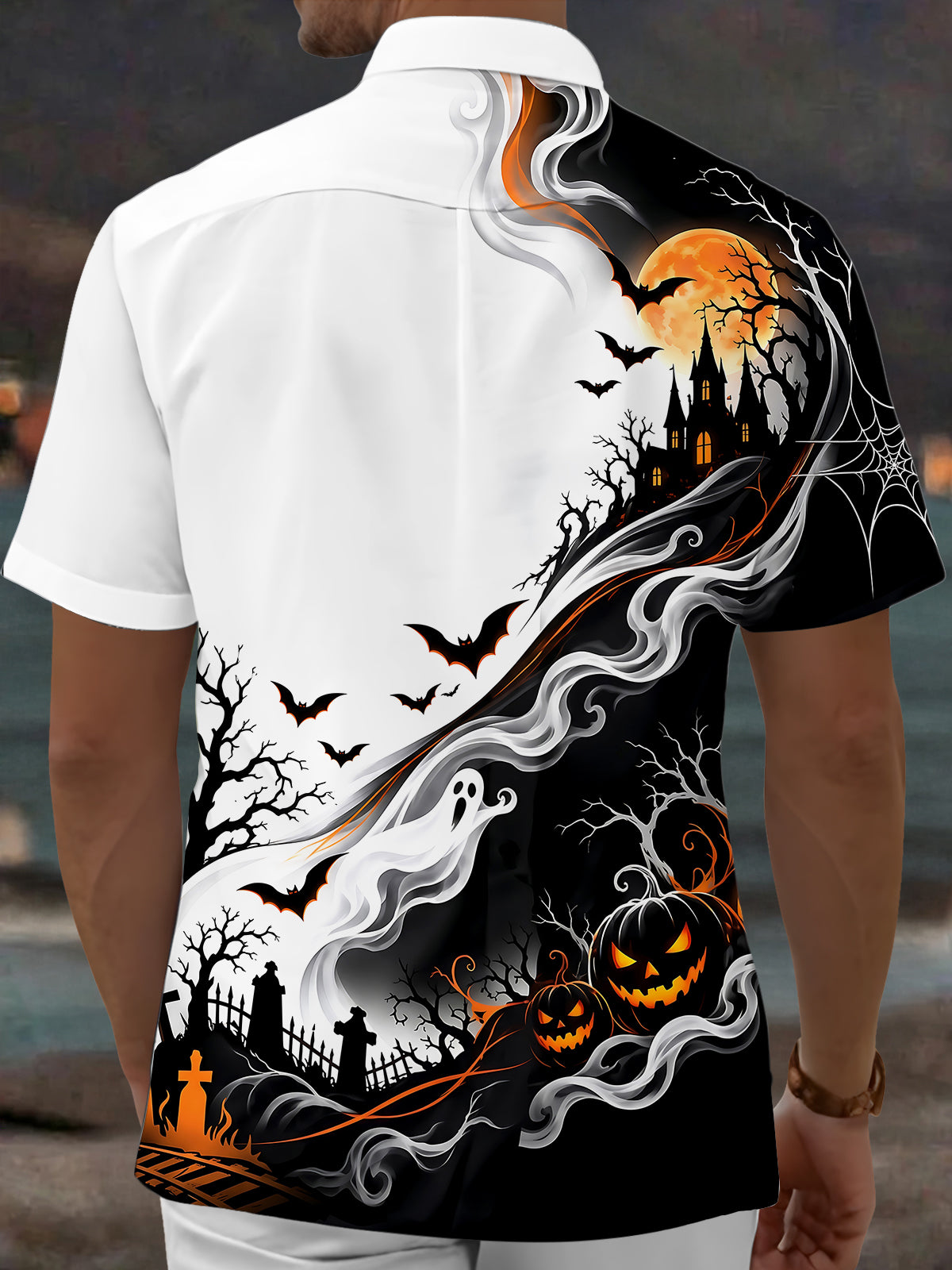 Oceanlyte Men's Graphic Halloween Ghosts And Pumpkins Print Short Sleeve Shirt with Chest Pocket