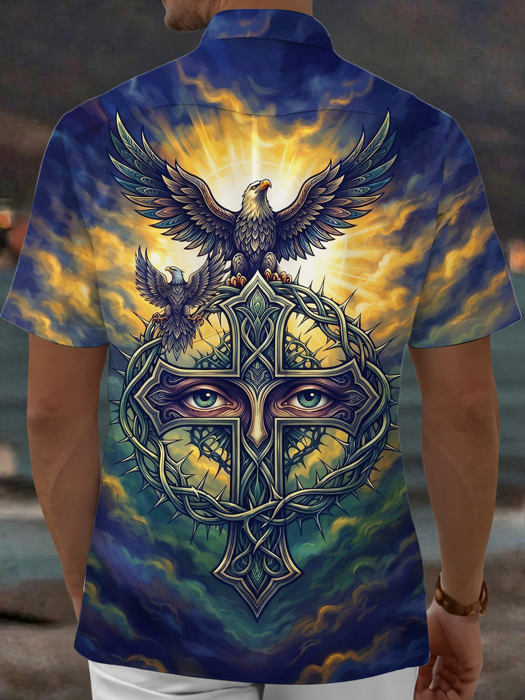 Oceanlyte Men's Eagles And Thorn Cross With Eyes Print Short Sleeve Shirt with Chest Pocket