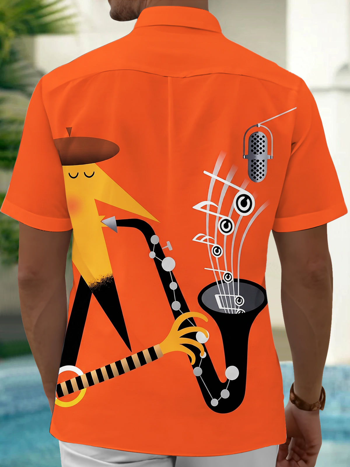 Oceanlyte Men's Abstract Jazz Saxophone Microphone Graphic Print Short Sleeve Button Down Shirt with Chest Pocket