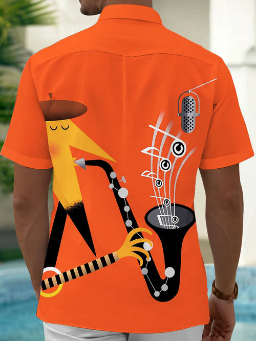 Oceanlyte Men's Abstract Jazz Saxophone Microphone Graphic Print Short Sleeve Button Down Shirt with Chest Pocket