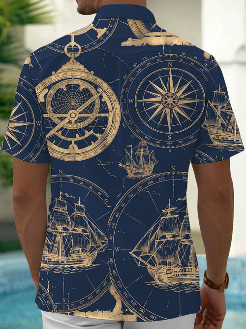 Oceanlyte Men's Hawaiian Vintage Compass Rose Print Short Sleeve Shirt with Chest Pocket