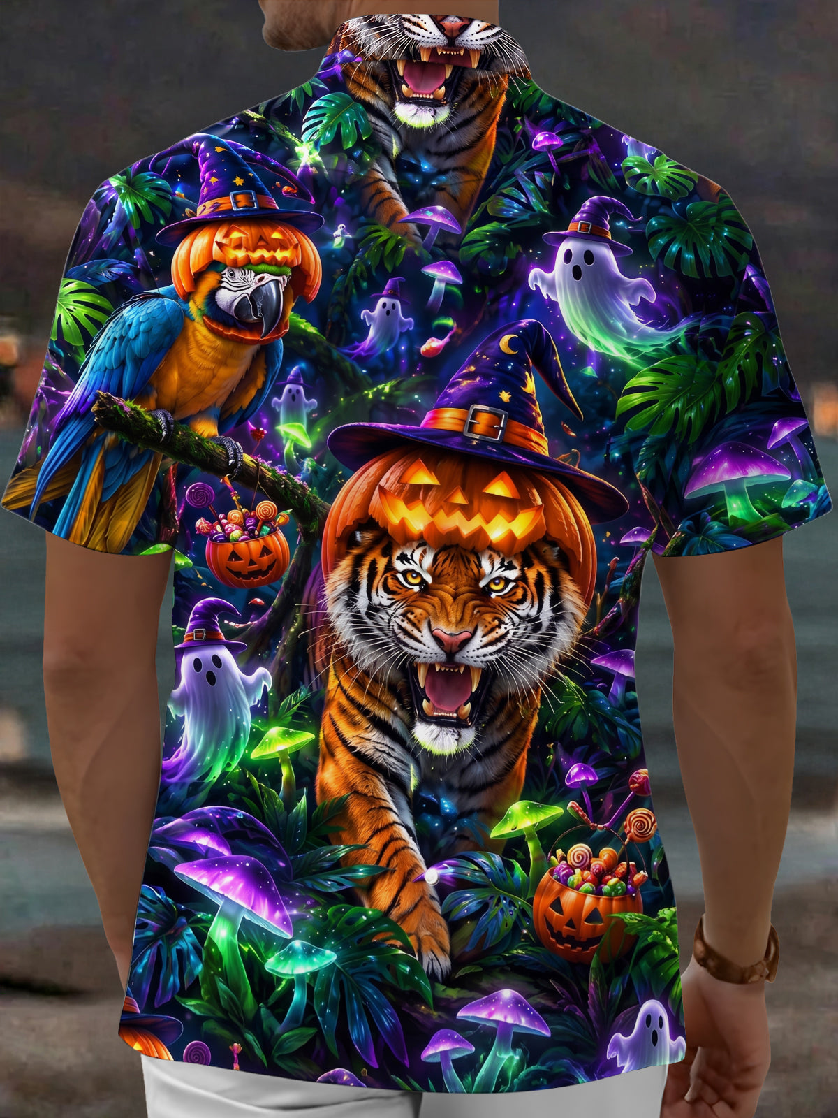 Oceanlyte Men's Hawaiian Halloween Tiger Print Short Sleeve Shirt