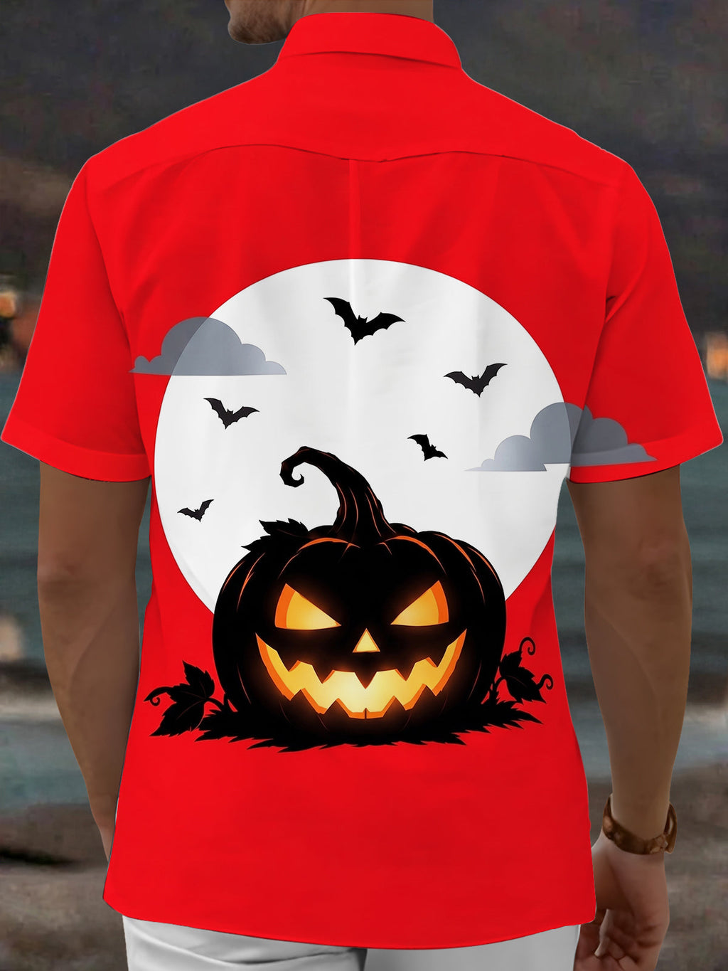 Oceanlyte Men's Halloween Jack-o-lantern And Bats Print Short Sleeve Shirt with Chest Pocket