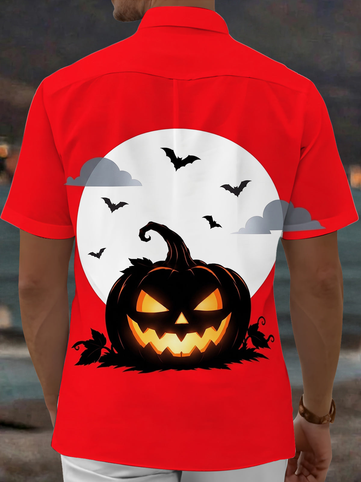 Oceanlyte Men's Halloween Jack-o-lantern And Bats Print Short Sleeve Shirt with Chest Pocket