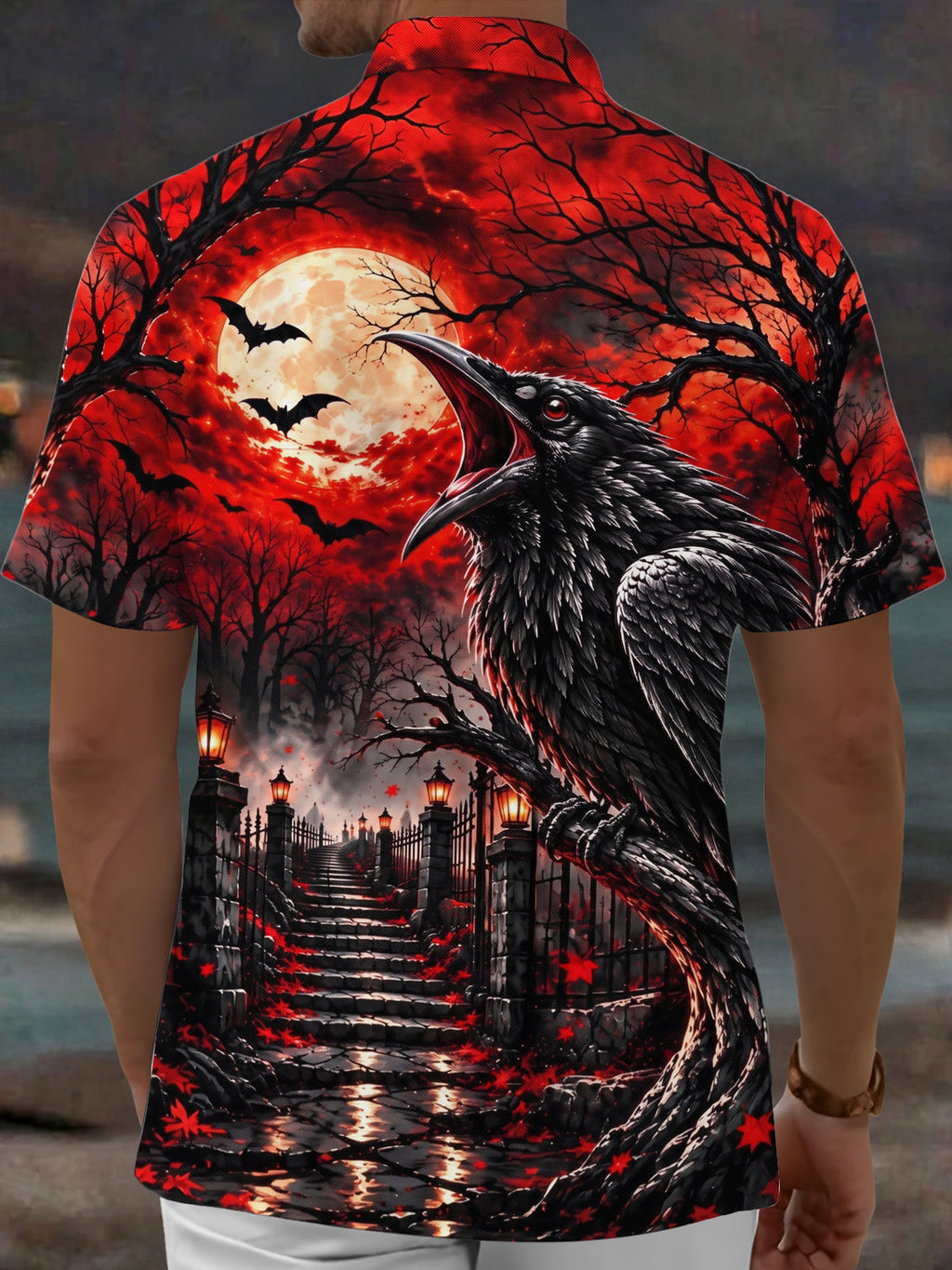 Oceanlyte Men's Graphic Halloween Crow Print Full Moon Print Short Sleeve Shirt with Chest Pocket
