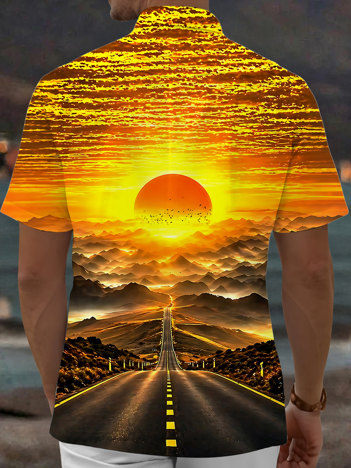 Oceanlyte Men's Hawaiian Sunset Landscape Print Short Sleeve Shirt with Chest Pocket