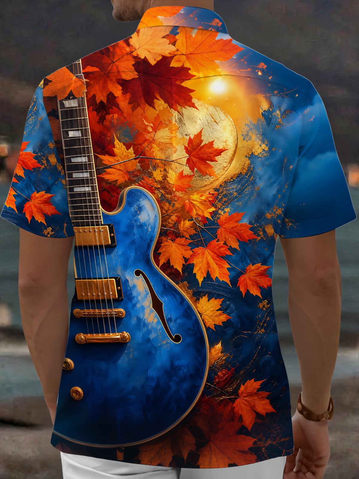 Oceanlyte Men's Graphic Autumn Maple Leaves Print Short Sleeve Shirt with Chest Pocket