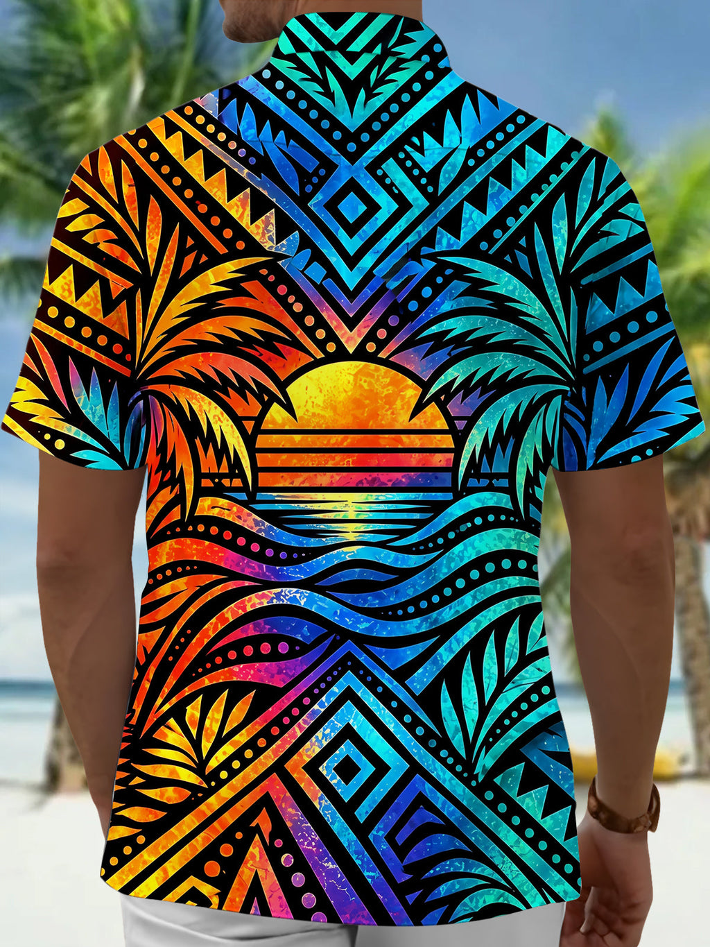 Oceanlyte Men's Geometric Sunset And Palm Trees Print Short Sleeve Shirt with Chest Pocket