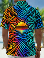 Oceanlyte Men's Geometric Sunset And Palm Trees Print Short Sleeve Shirt with Chest Pocket
