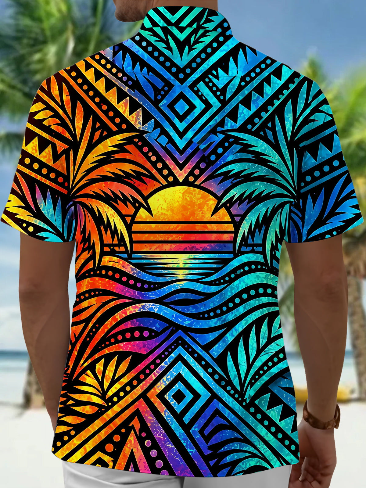 Oceanlyte Men's Geometric Sunset And Palm Trees Print Short Sleeve Shirt with Chest Pocket