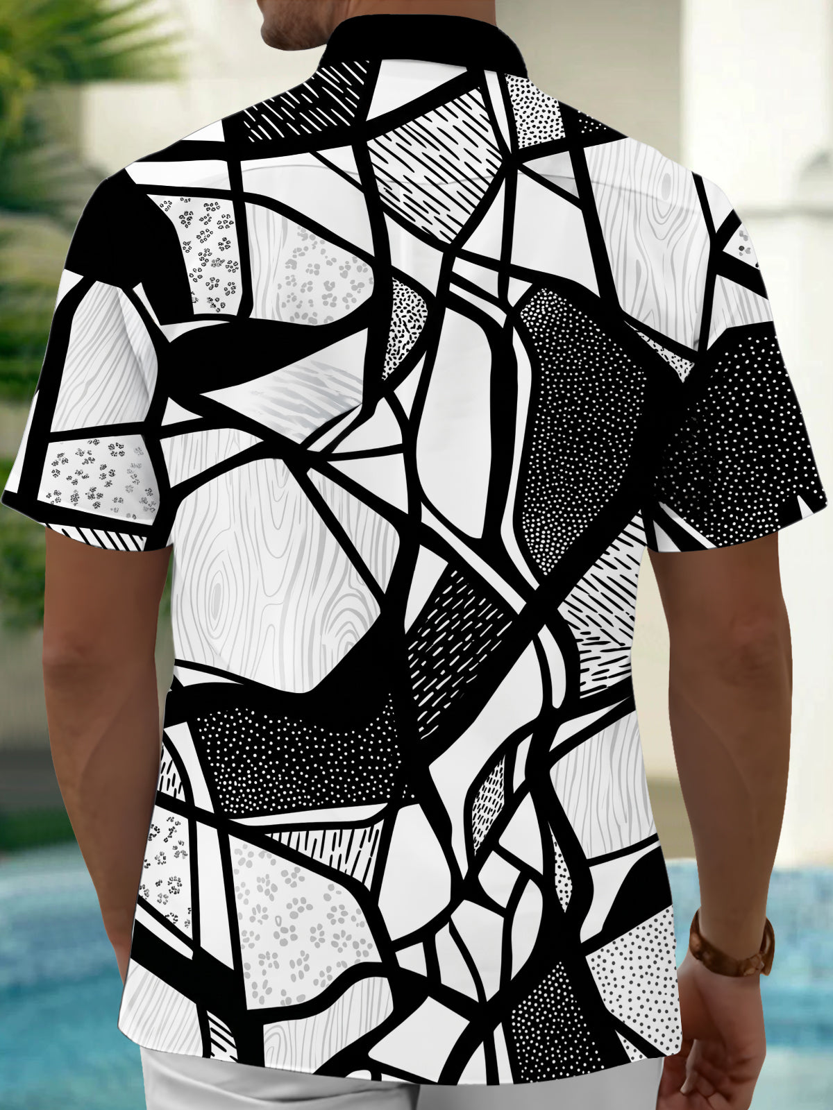 Oceanlyte Men's Patterned Abstract Geometric Lines Print Short Sleeve Shirt with Chest Pocket