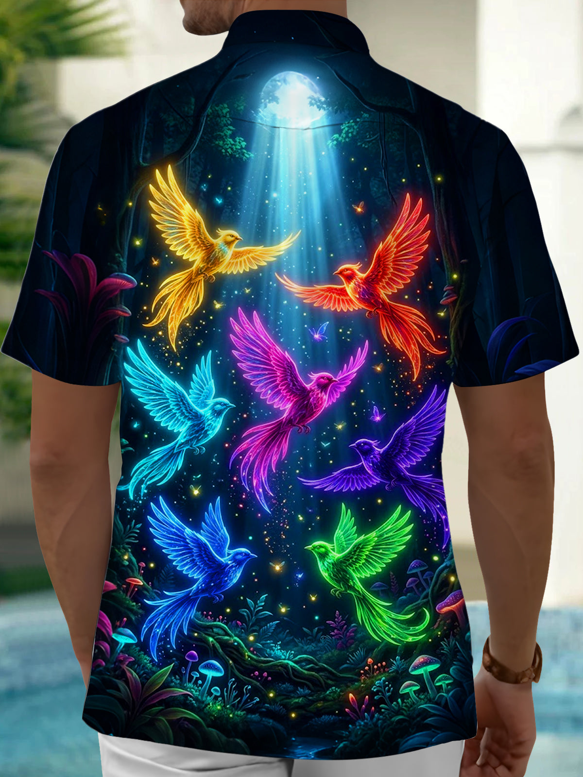 Oceanlyte Men's Hawaiian Neon Colorful Birds Print Short Sleeve Shirt with Chest Pocket