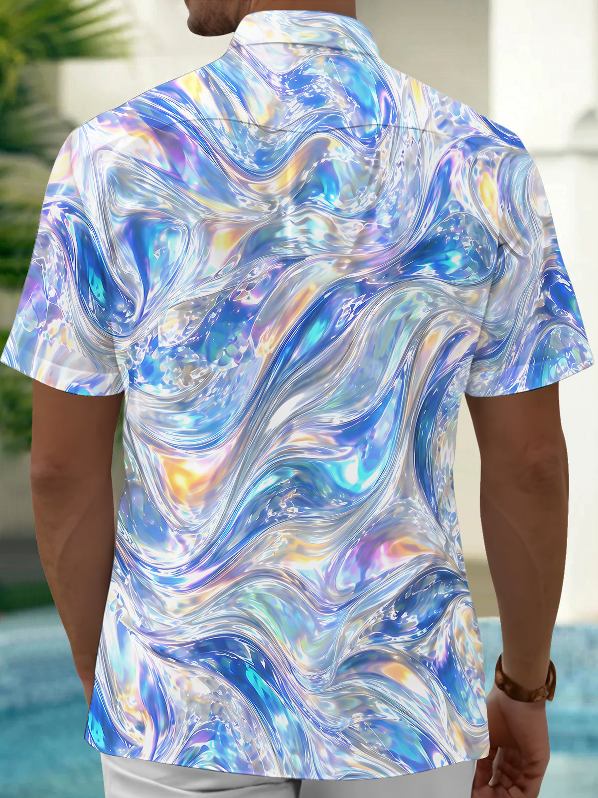 Oceanlyte Men's Printed Abstract Iridescent Swirls Print Short Sleeve Shirt with Chest Pocket