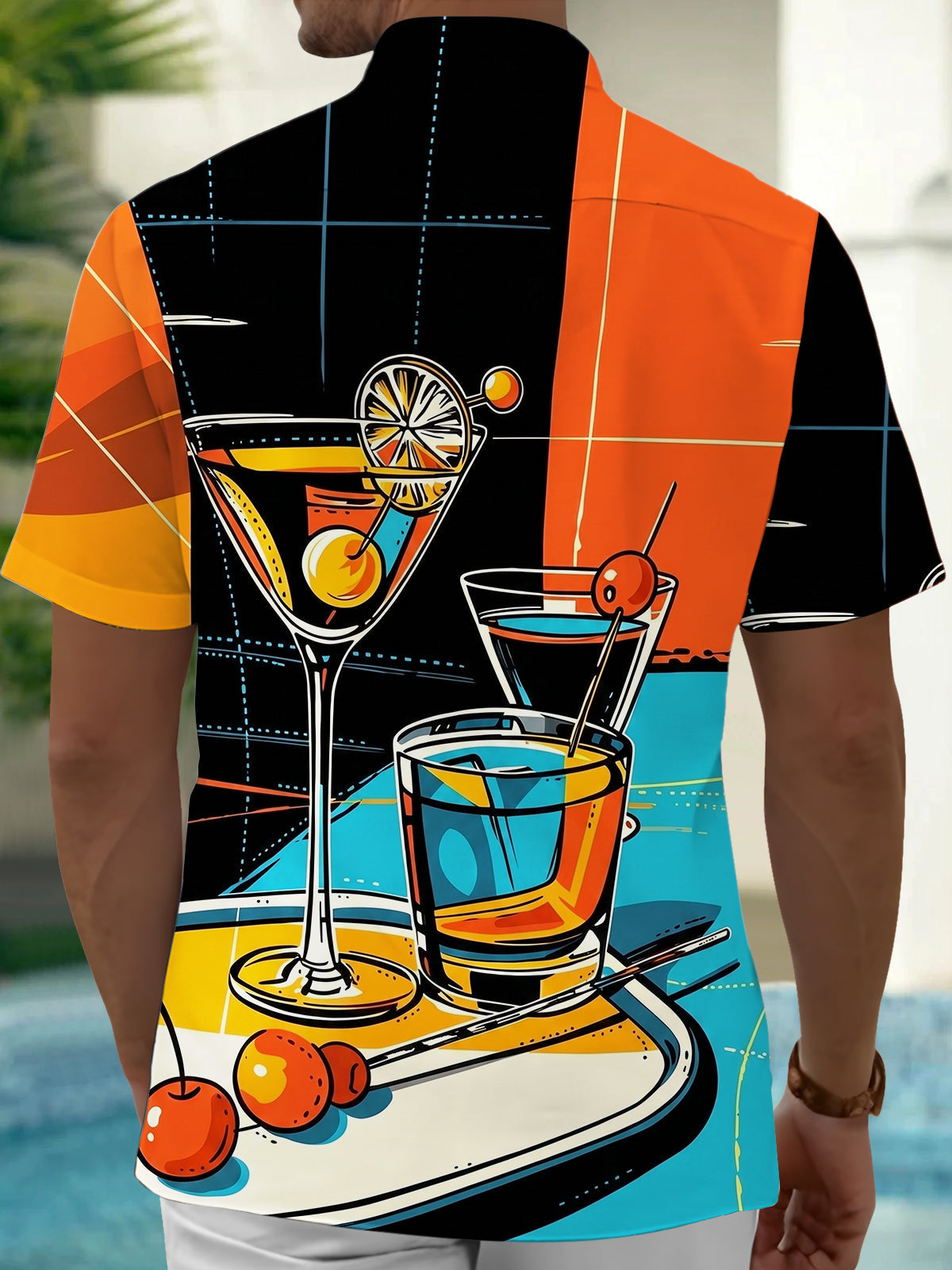 Oceanlyte Men's Cocktail Drink Graphic Print Short Sleeve Button Down Shirt with Chest Pocket