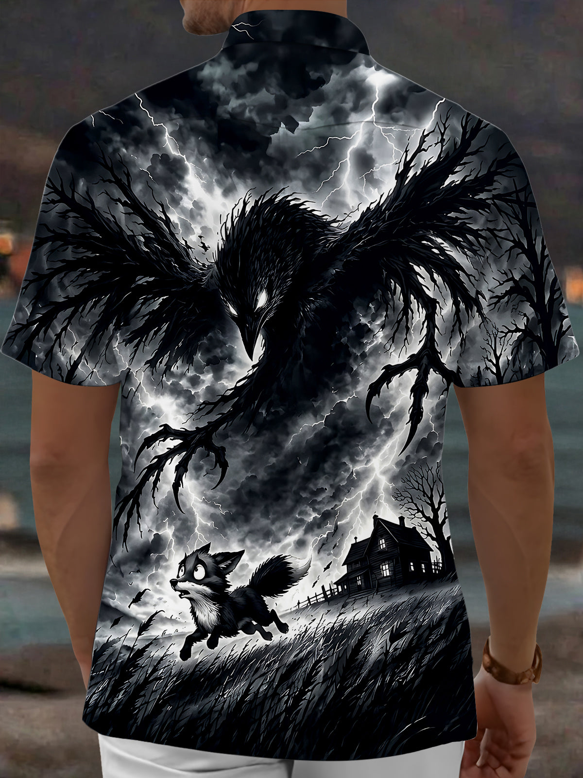 Oceanlyte Men's Halloween Black Crow And Running Fox Print Short Sleeve Shirt with Chest Pocket