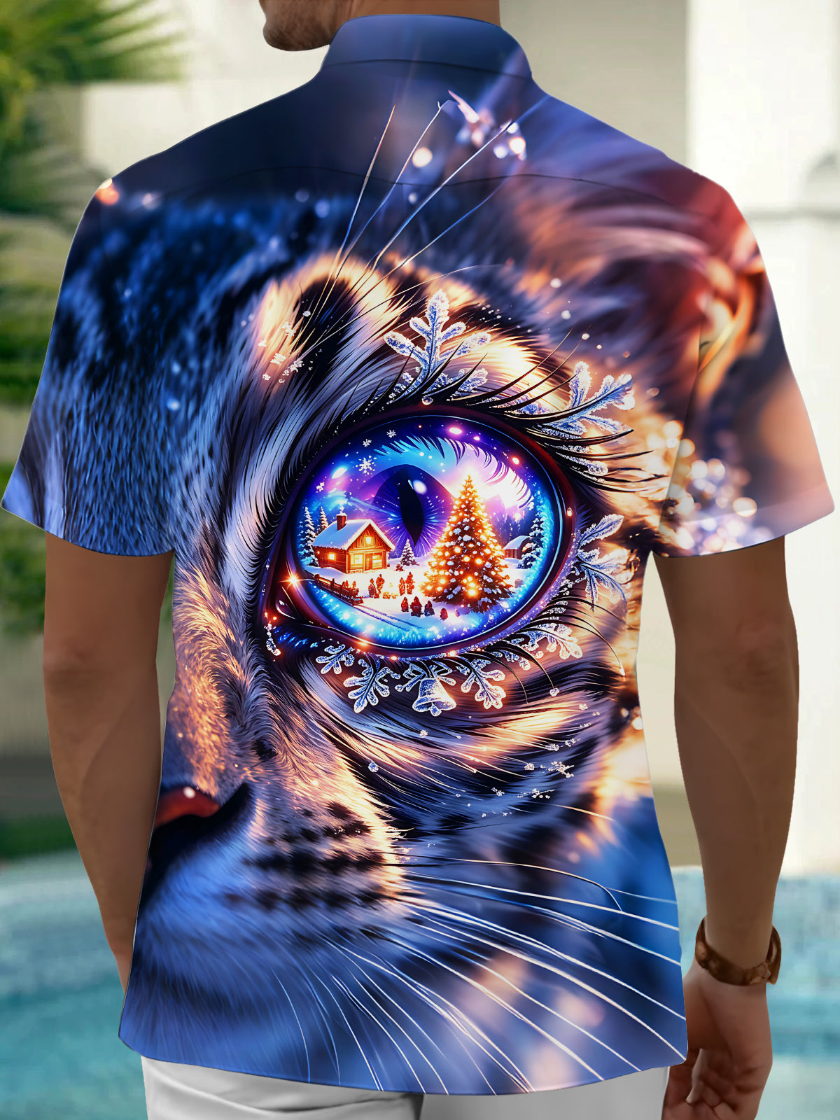 Oceanlyte Men's Graphic Cat Eye Print Christmas Fantasy Print Short Sleeve Shirt with Chest Pocket