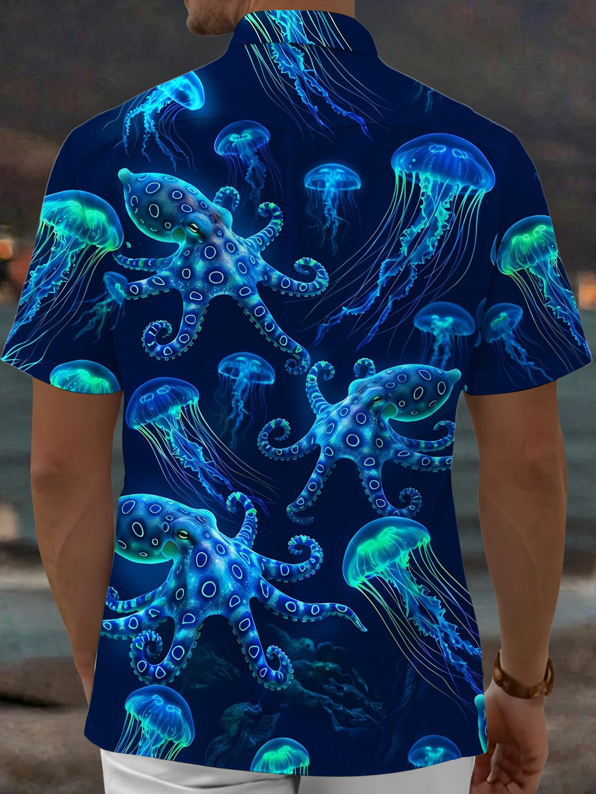 Oceanlyte Men's Hawaiian Neon Jellyfish Print Octopus Print Short Sleeve Shirt