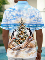 Oceanlyte Men's Hawaiian Penguins And Christmas Tree Print Short Sleeve Shirt with Chest Pocket
