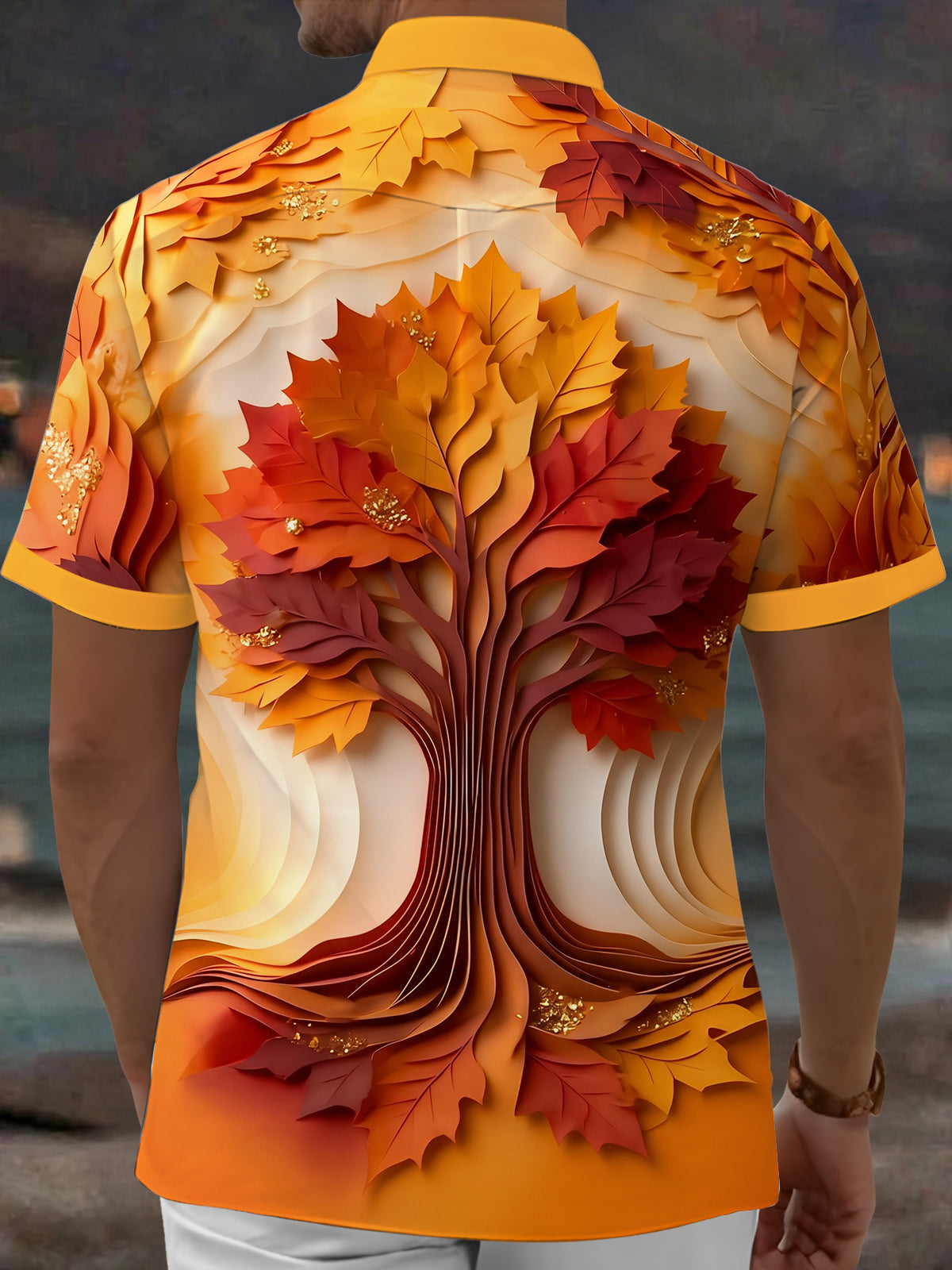 Oceanlyte Men's 3D Autumn Maple Tree Leaves Print Short Sleeve Shirt with Chest Pocket