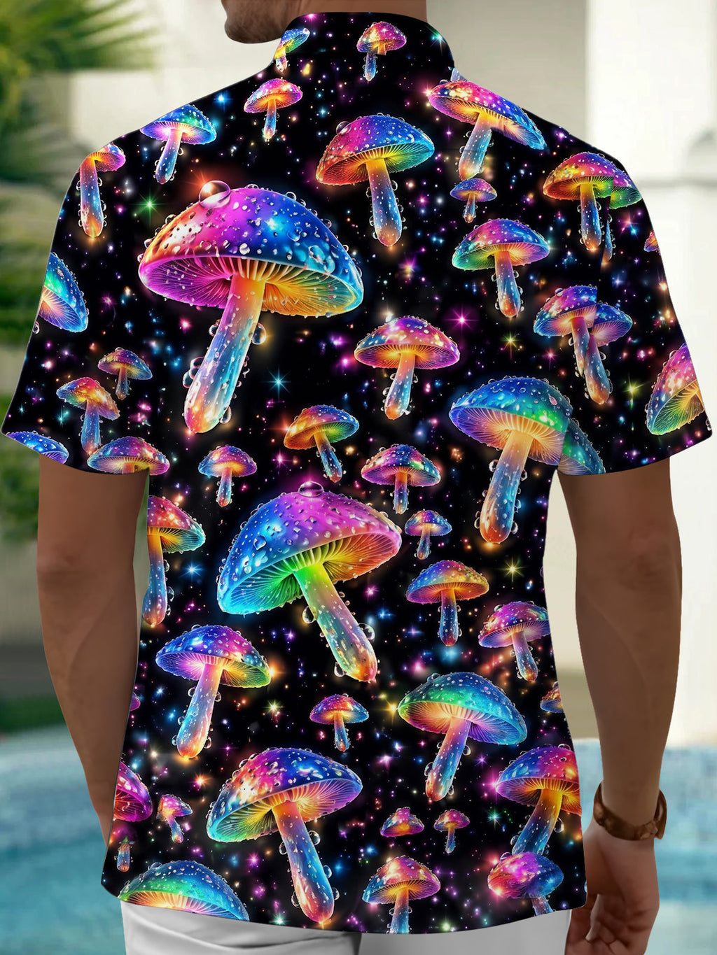 Oceanlyte Men's Printed Psychedelic Rainbow Mushrooms Print Short Sleeve Shirt with Chest Pocket