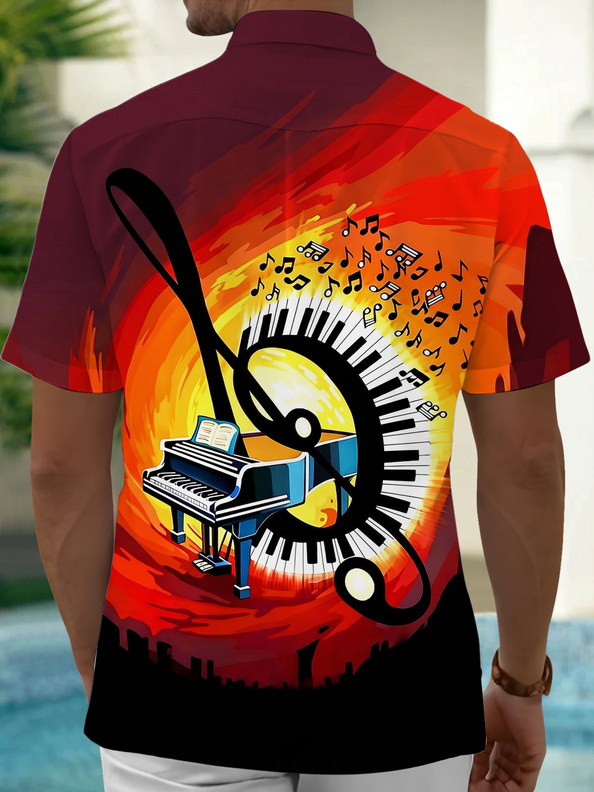 Oceanlyte Men's Hawaiian Piano Keyboard Print Short Sleeve Shirt with Chest Pocket
