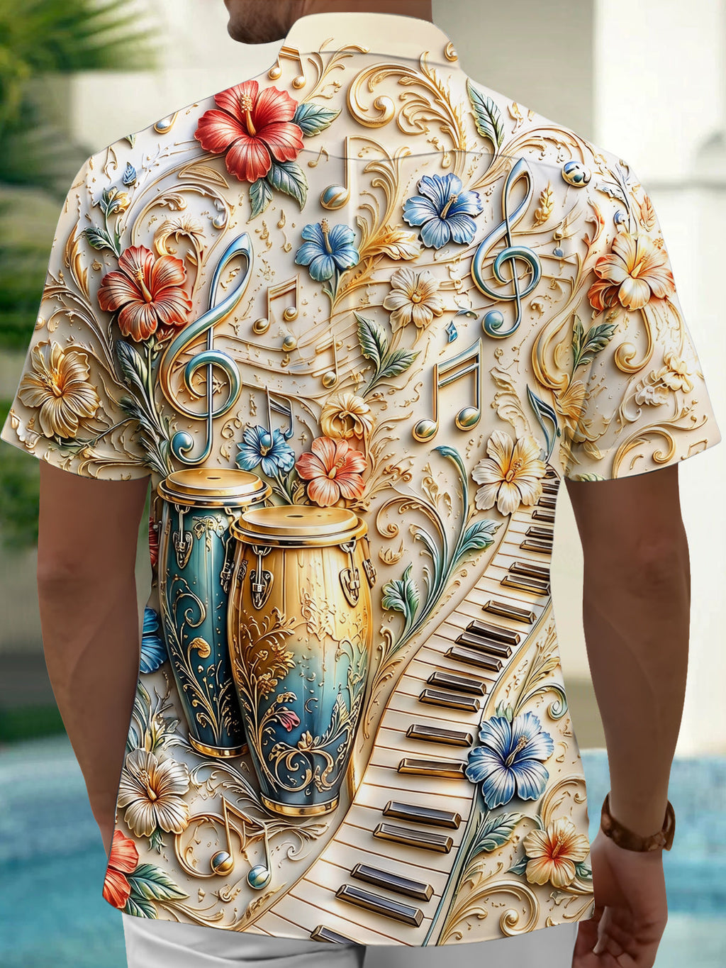 Oceanlyte Men's 3D 3D Relief Musical Instruments Print Short Sleeve Shirt with Chest Pocket