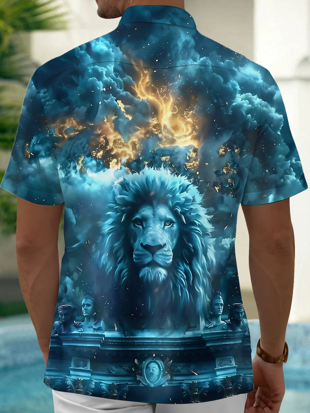 Oceanlyte Men's Hawaiian Lion Portrait Print Short Sleeve Shirt with Chest Pocket