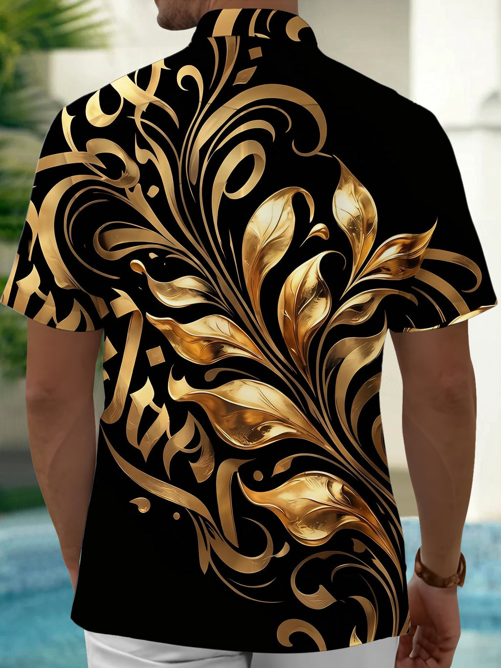 Oceanlyte Men's Gold Baroque Scroll And Leaf Pattern Short Sleeve Shirt with Chest Pocket
