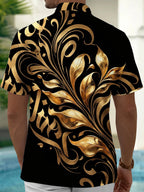 Oceanlyte Men's Gold Baroque Scroll And Leaf Pattern Short Sleeve Shirt with Chest Pocket