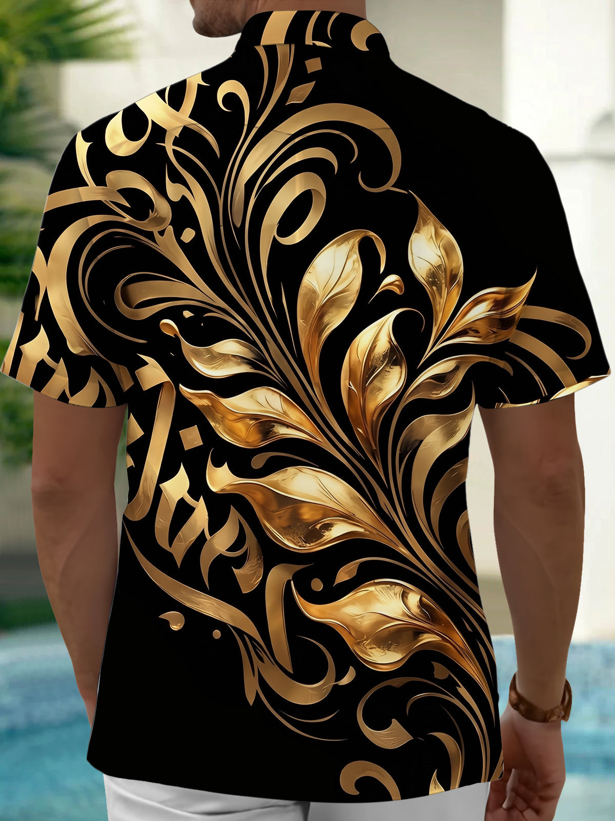Oceanlyte Men's Gold Baroque Scroll And Leaf Pattern Short Sleeve Shirt with Chest Pocket