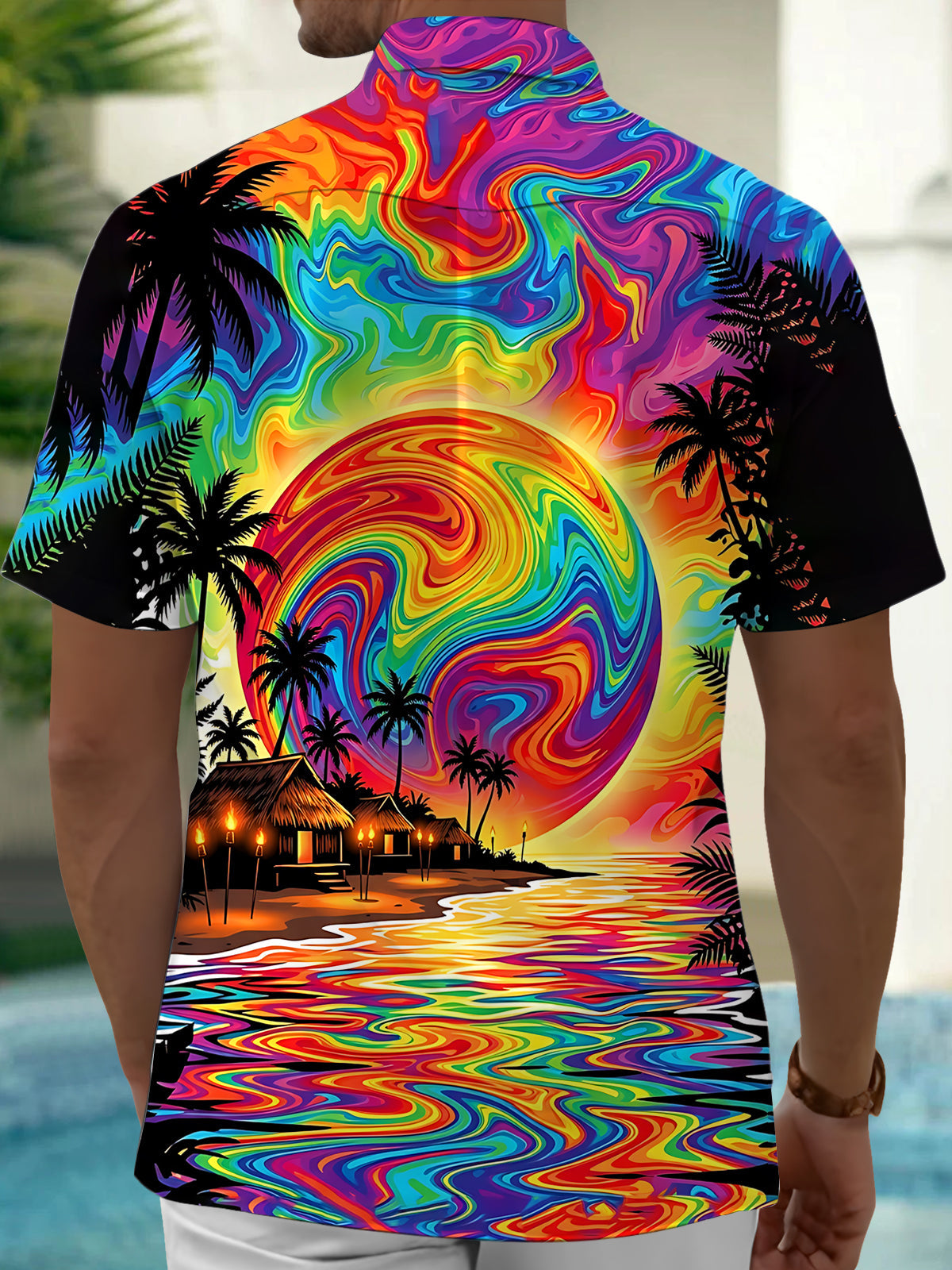 Oceanlyte Men's Short Sleeve Shirt - Psychedelic Rainbow Sunset With Palm Trees And Beach Huts Print with Chest Pocket