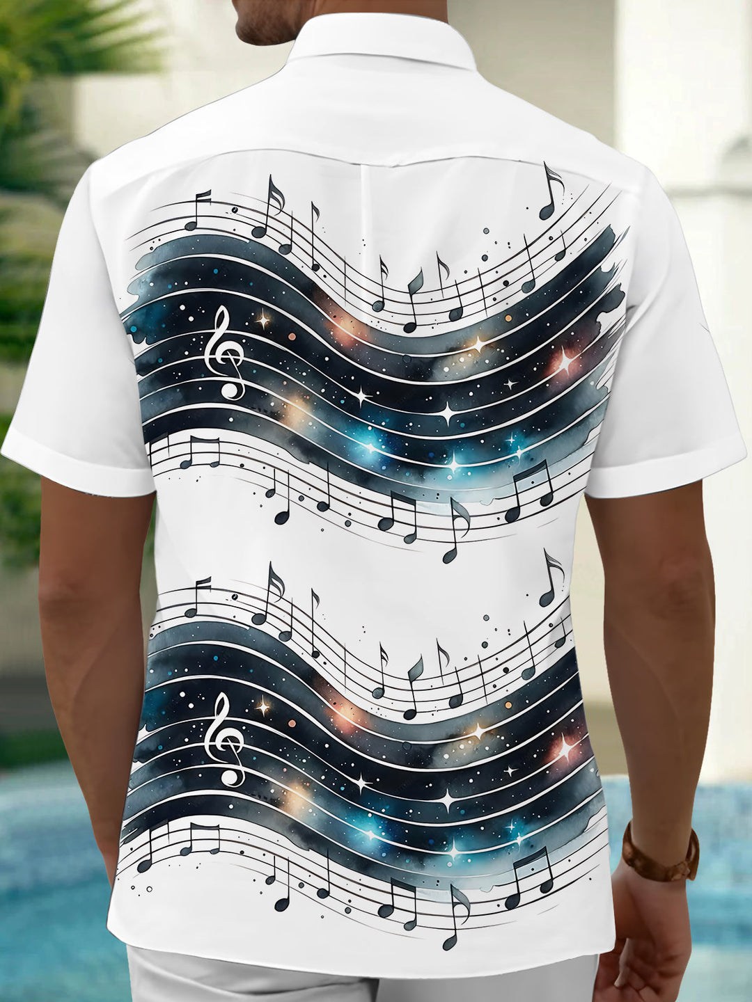 Oceanlyte Men's Graphic Music Notes On Staff Print Short Sleeve Shirt with Chest Pocket