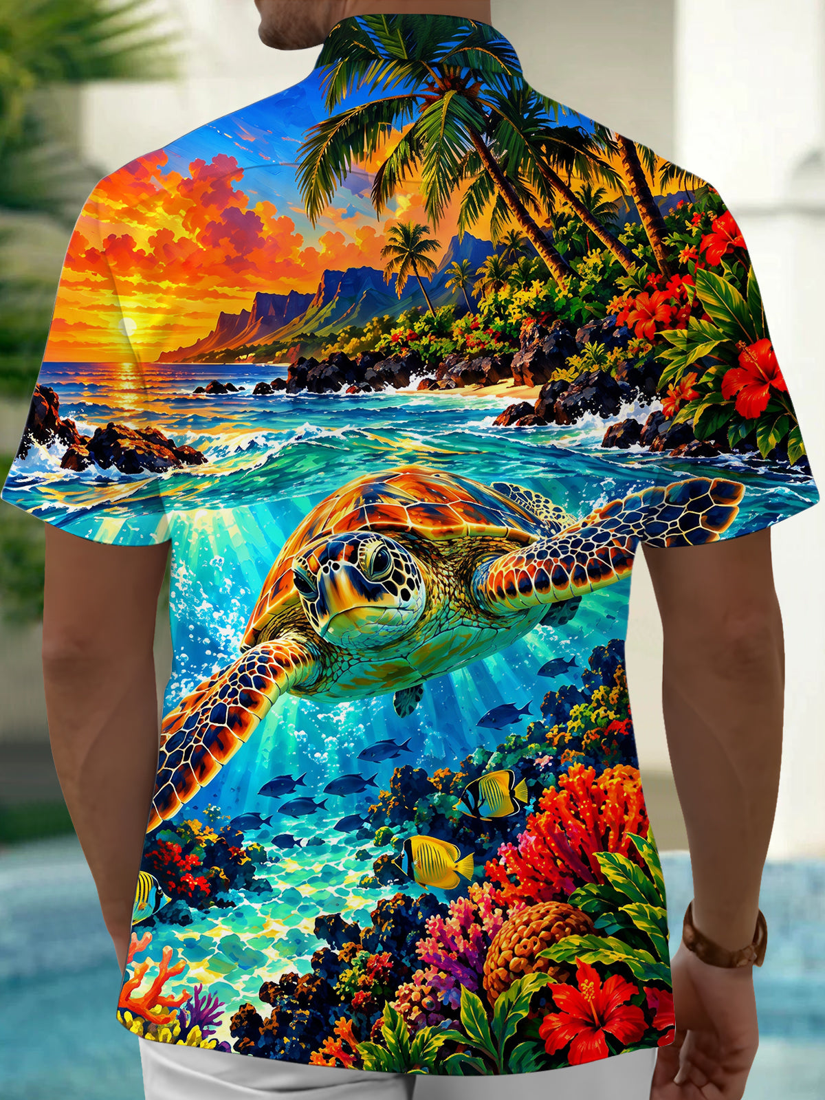 Oceanlyte Men's Hawaiian Sea Turtle And Coral Reef Print Short Sleeve Shirt with Chest Pocket