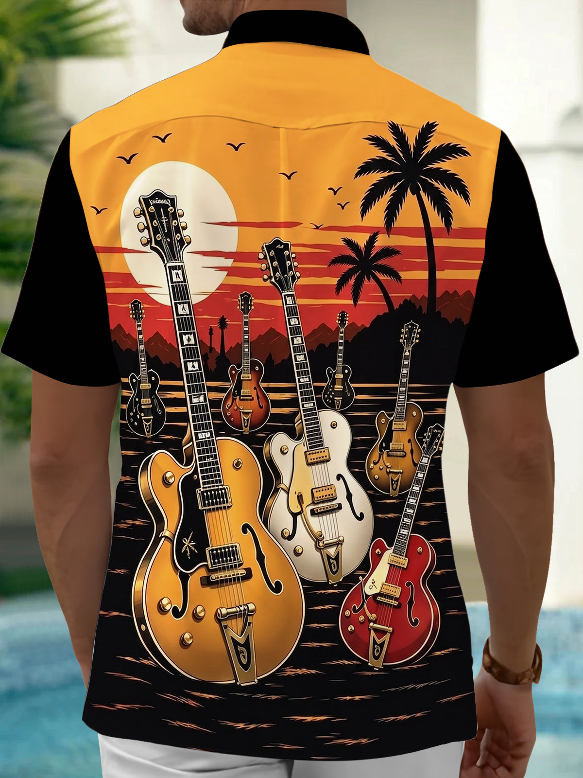 Oceanlyte Men's Hawaiian Tropical Guitar Palm Tree Sunset Print Short Sleeve Button Down Shirt with Chest Pocket