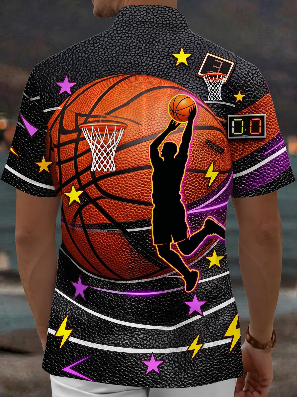 Oceanlyte Men's Basketball Player Silhouette And Hoops Print Short Sleeve Shirt with Chest Pocket