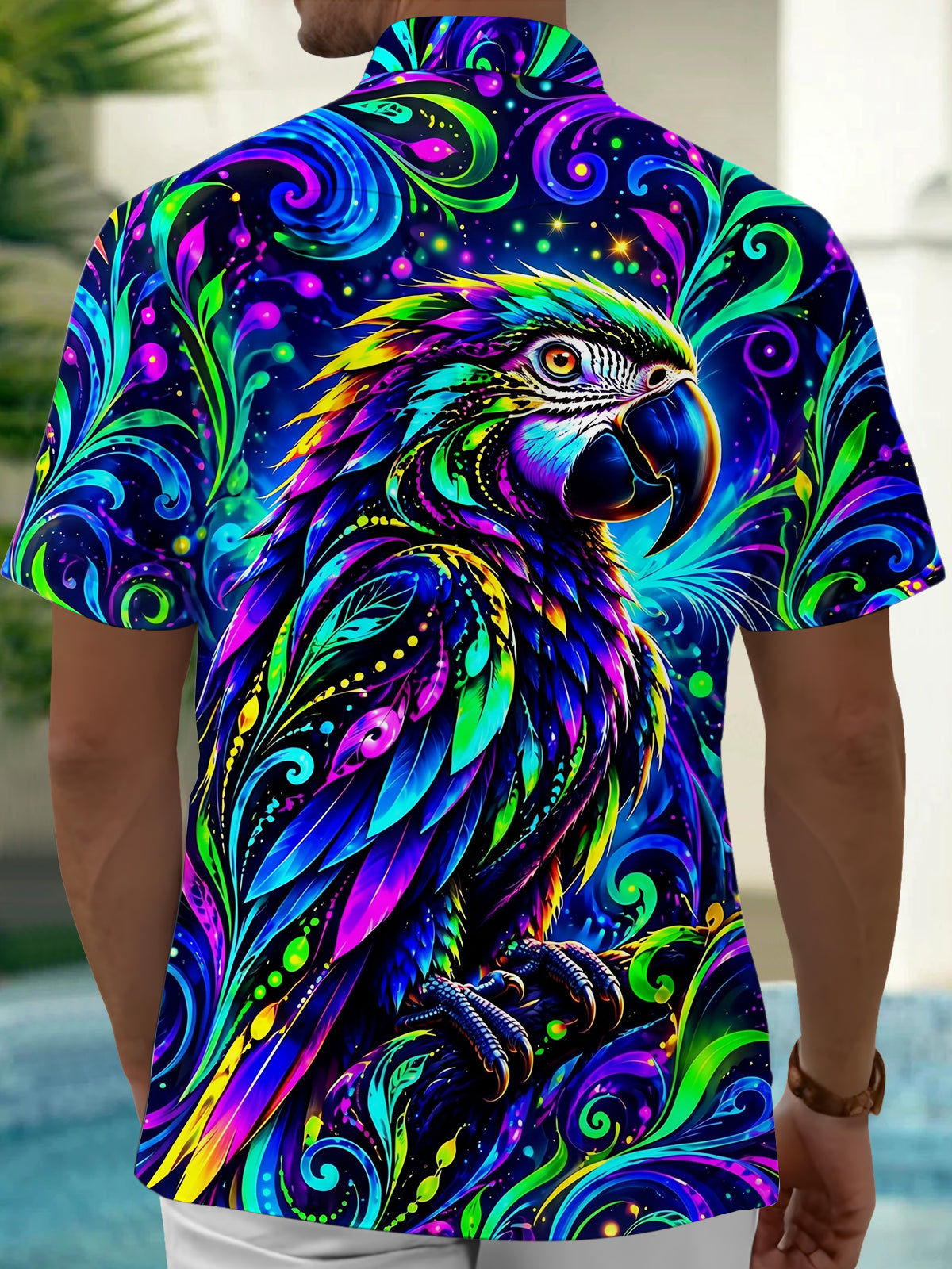 Oceanlyte Men's Neon Parrot With Swirling Patterns Print Short Sleeve Shirt with Chest Pocket