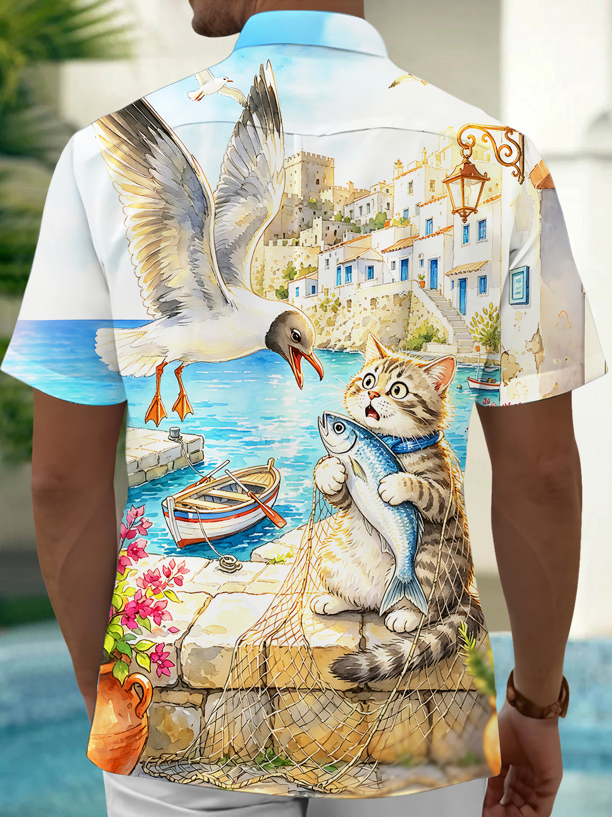 Oceanlyte Men's Hawaiian Cat Holding Fish And Seagull Print Short Sleeve Shirt with Chest Pocket