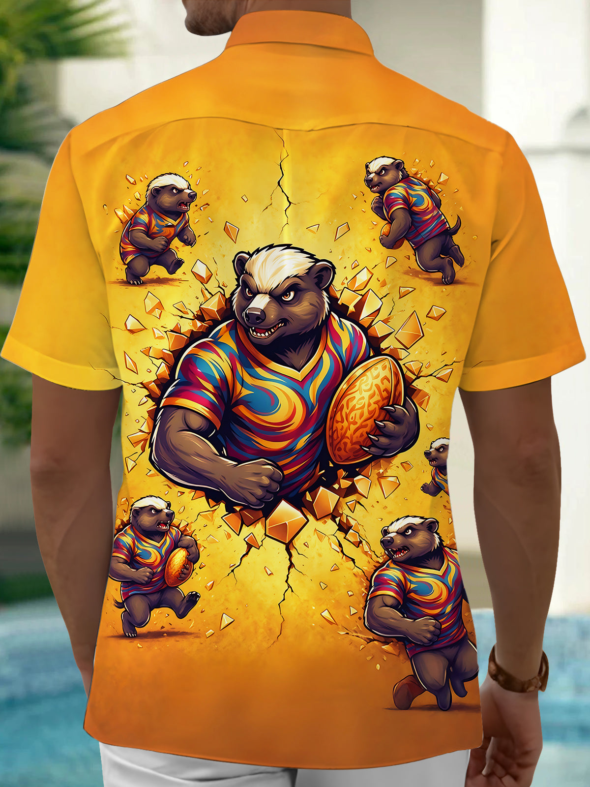 Oceanlyte Men's Hawaiian Honey Badger Rugby Player Print Short Sleeve Shirt with Chest Pocket