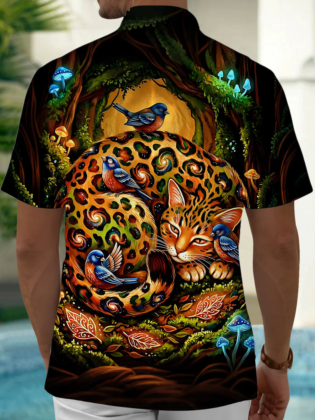Oceanlyte Men's Hawaiian Forest Leopard Cat Print Short Sleeve Shirt with Chest Pocket