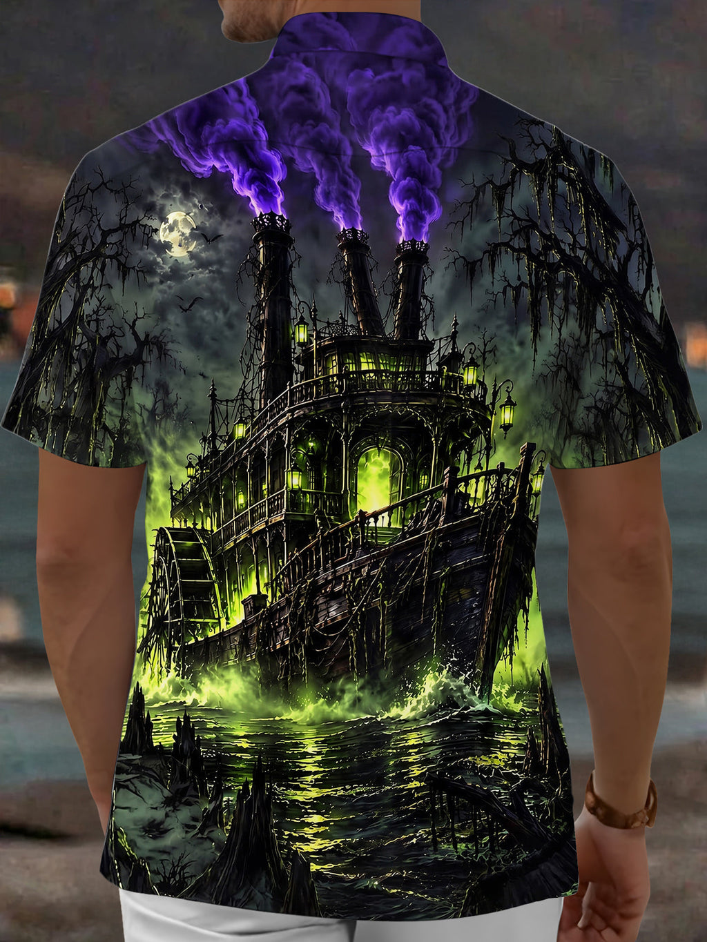 Oceanlyte Men's Short Sleeve Shirt - Halloween Ghostly Steamboat With Green Fog And Purple Smoke Print with Chest Pocket