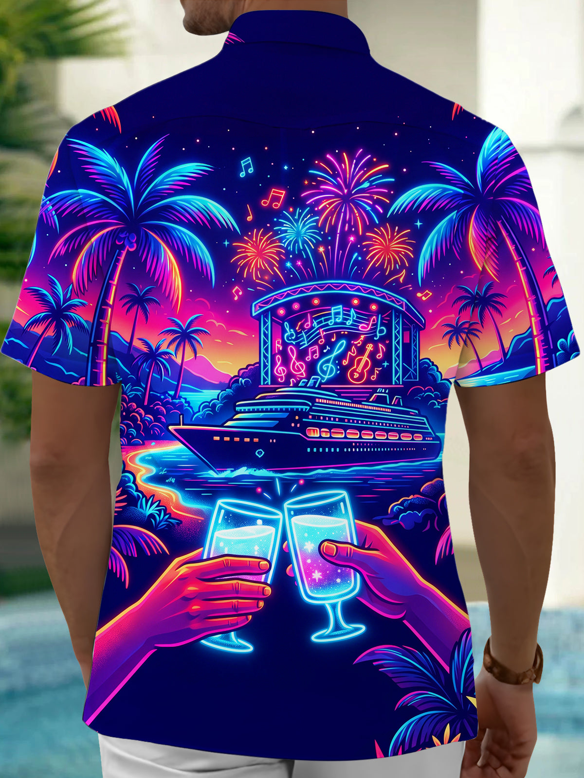 Oceanlyte Men's Hawaiian Neon Palm Trees And Fireworks Print Short Sleeve Shirt with Chest Pocket